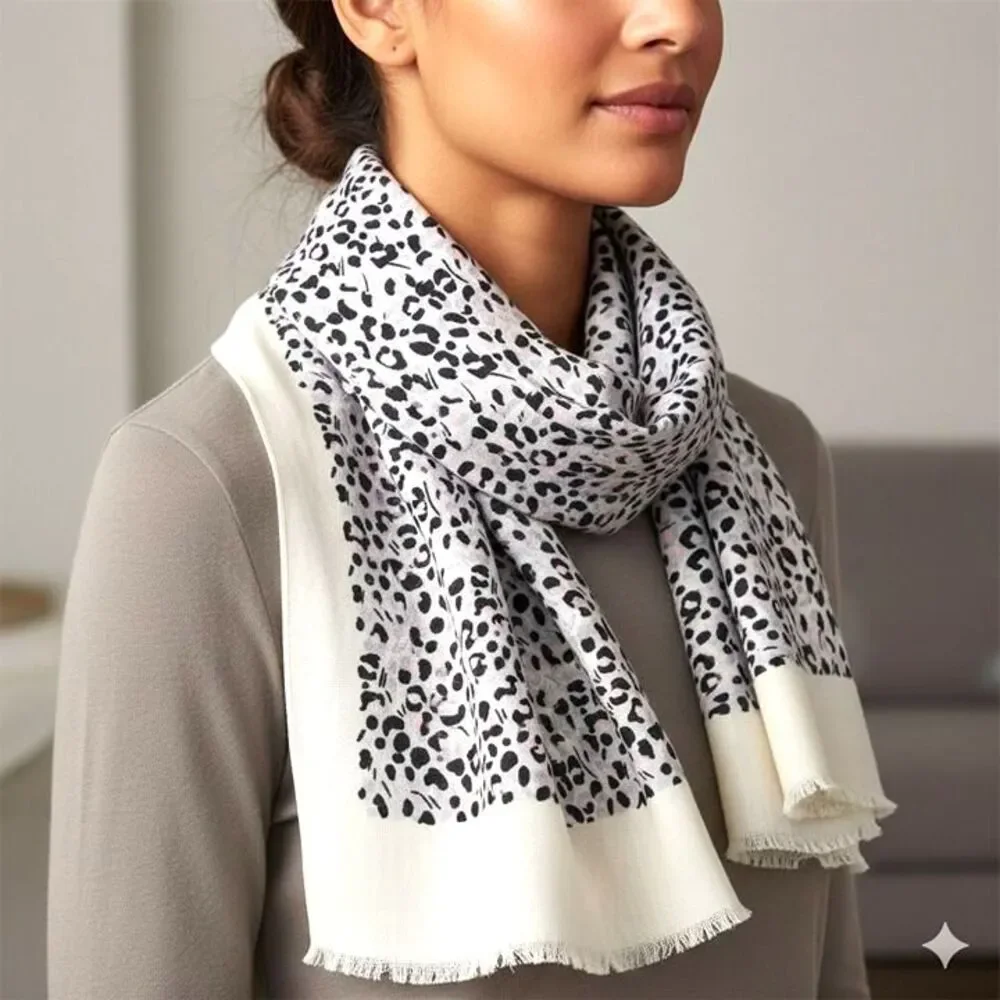 LOFT Scarf Grey Black White Pink Cheetah Print Soft Cotton 75x27 inches Large